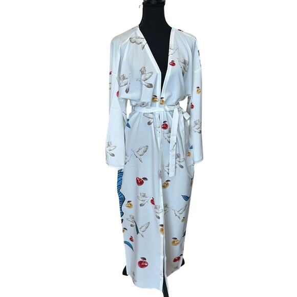 Peacock Kimono Cover Ups Longline One Size Duster Satin White Boho Festival NEW - Picture 6 of 6